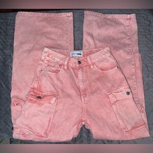 💖 Fashion Nova Lily Pink Cargo Acid Wash High Waisted Wide Leg Jeans Sz 5 Wm 2/4